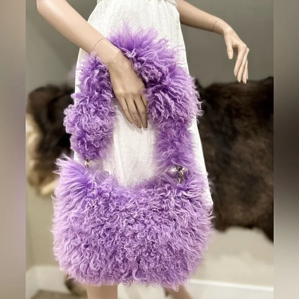 Handmade Lavender Real Curly Shearling Fashion Hobo Bag/Shoulder Bag/Crossbody